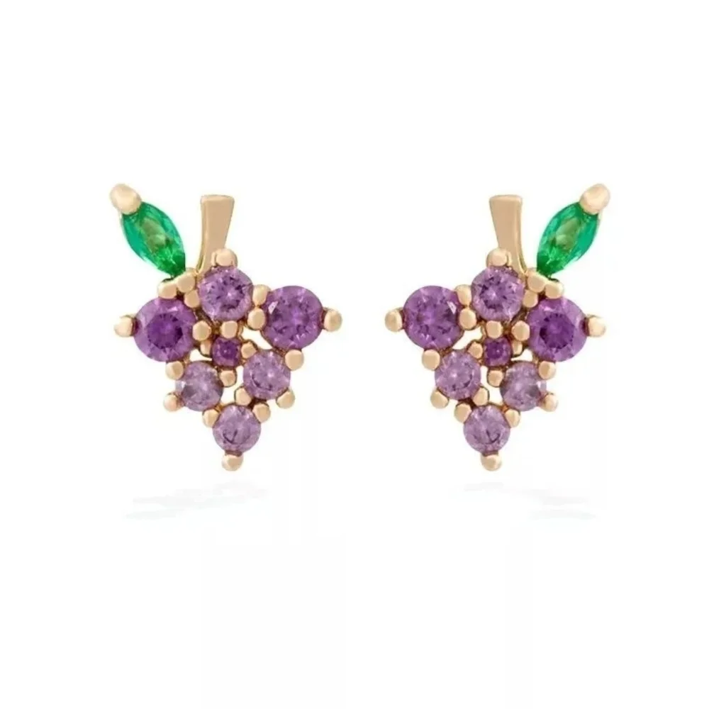 Tiny Grapes Earrings Purple with Green Rhinestones